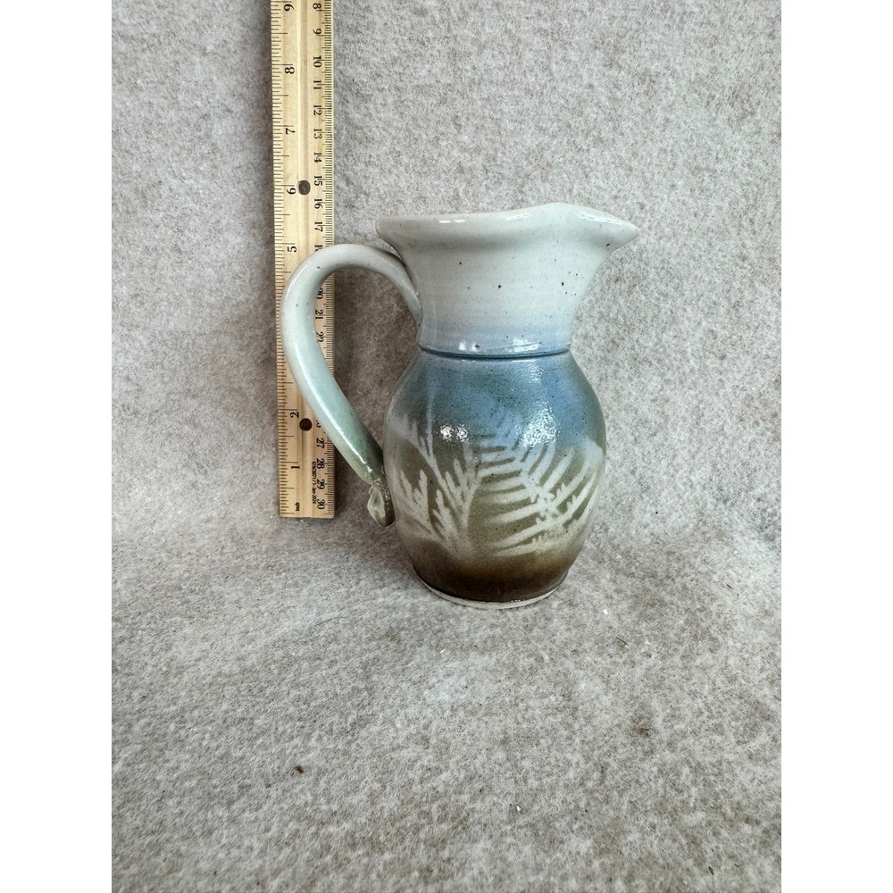 Handmade Ceramic Pitcher Vase Fern Design Blue Green Glaze Studio Pottery Signed